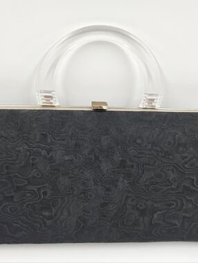 Vintage 1950s-60s Dover Black Brocade Clutch Purse with Clear Lucite Handle